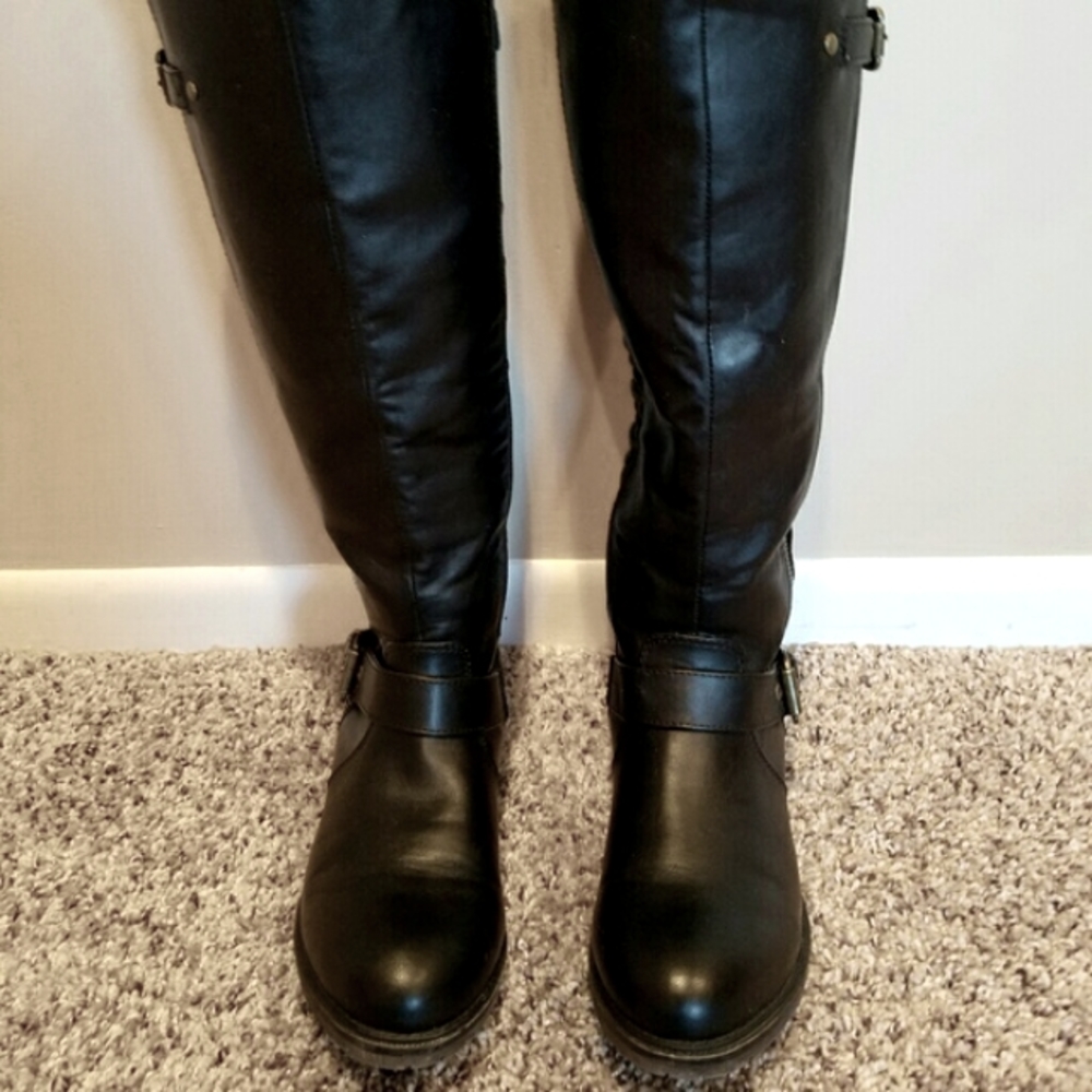 Madden Black Pleather Quilted Knee High Zip Boots - Picture 2 of 8